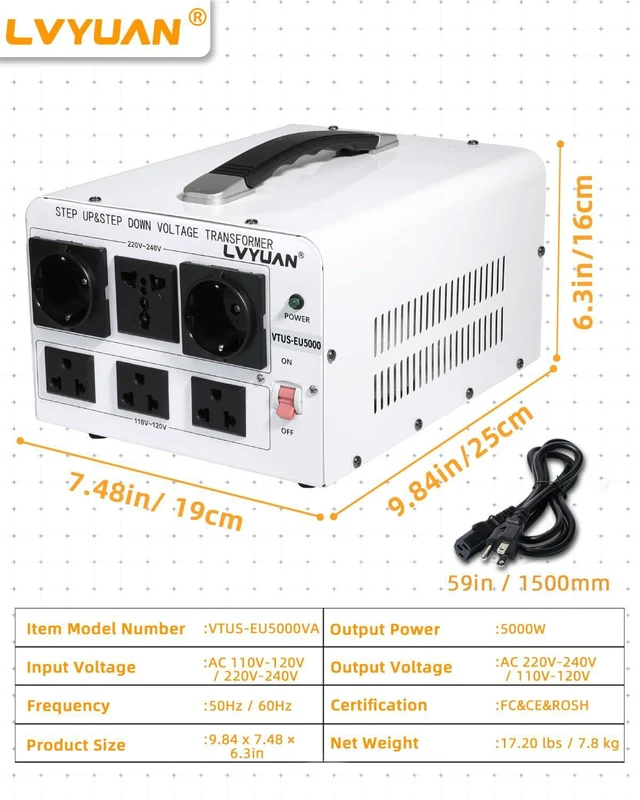 Alt view image 7 of 7 - LVYUAN 5000W Step Up Voltage Transformer Power Converter 110V to 220V, Step Down 220V to 110V, 110/120 Volt - 220/240 Volt