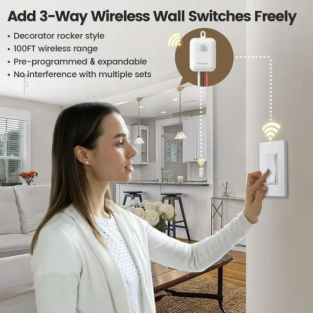 Alt view image 2 of 7 - SURAIELEC 3 Way Wireless Light Switch and Receiver Kit, Decorator Rocker Wall Switch, 15 AMP, 100FT, No Wiring No WiFi, Remote Control Light Switch, Neutral Wire Required (Upgrade Antenna Model)