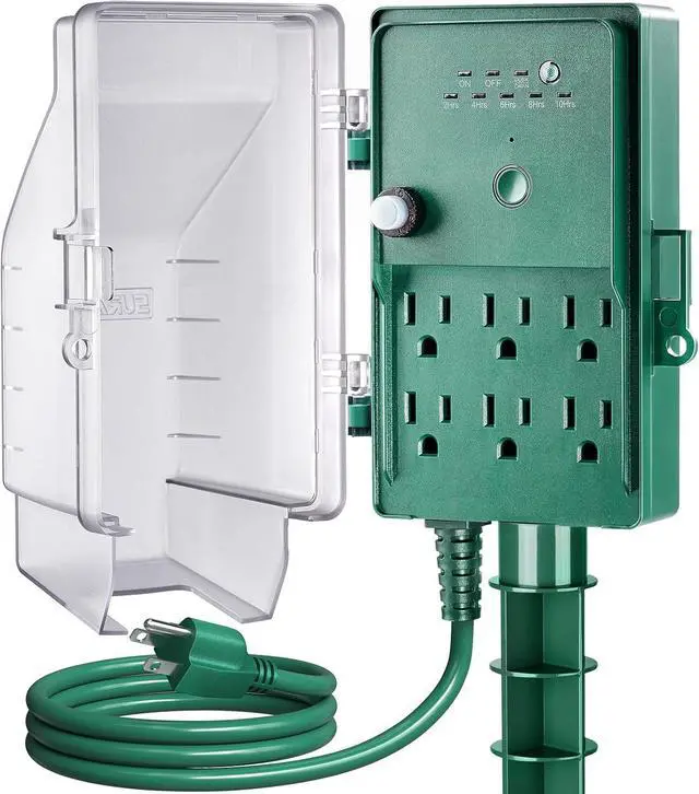 Main image of SURAIELEC Outdoor Power Stake Light Timer, Dusk to Dawn, 6 Electrical Outlet Power Strip Weatherproof, 6FT Extension Cord Multiple Outlet for Patio Lights, Sprinkler, Garden, Halloween Decorations
