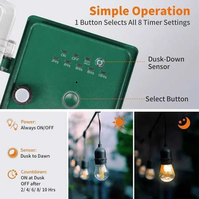 Alt view image 2 of 7 - SURAIELEC Outdoor Power Stake Light Timer, Dusk to Dawn, 6 Electrical Outlet Power Strip Weatherproof, 6FT Extension Cord Multiple Outlet for Patio Lights, Sprinkler, Garden, Halloween Decorations