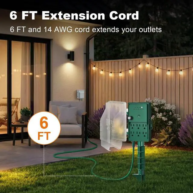 Alt view image 3 of 7 - SURAIELEC Outdoor Power Stake Light Timer, Dusk to Dawn, 6 Electrical Outlet Power Strip Weatherproof, 6FT Extension Cord Multiple Outlet for Patio Lights, Sprinkler, Garden, Halloween Decorations