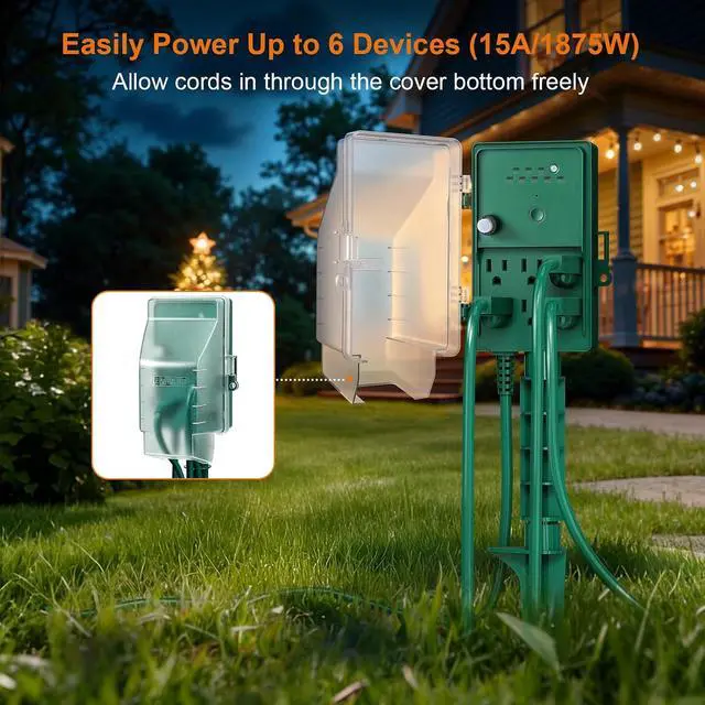 Alt view image 4 of 7 - SURAIELEC Outdoor Power Stake Light Timer, Dusk to Dawn, 6 Electrical Outlet Power Strip Weatherproof, 6FT Extension Cord Multiple Outlet for Patio Lights, Sprinkler, Garden, Halloween Decorations