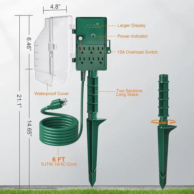 Alt view image 7 of 7 - SURAIELEC Outdoor Power Stake Light Timer, Dusk to Dawn, 6 Electrical Outlet Power Strip Weatherproof, 6FT Extension Cord Multiple Outlet for Patio Lights, Sprinkler, Garden, Halloween Decorations