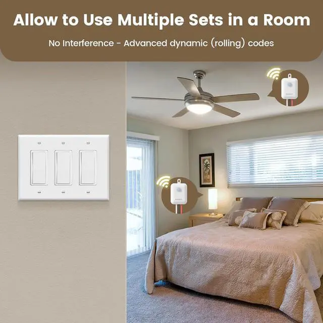 Alt view image 3 of 7 - SURAIELEC 3 Way Wireless Light Switch and Receiver Kit, Decorator Rocker Wall Switch, 15 AMP, 100FT, No Wiring No WiFi, Remote Control Light Switch, Neutral Wire Required (Upgrade Antenna Model)