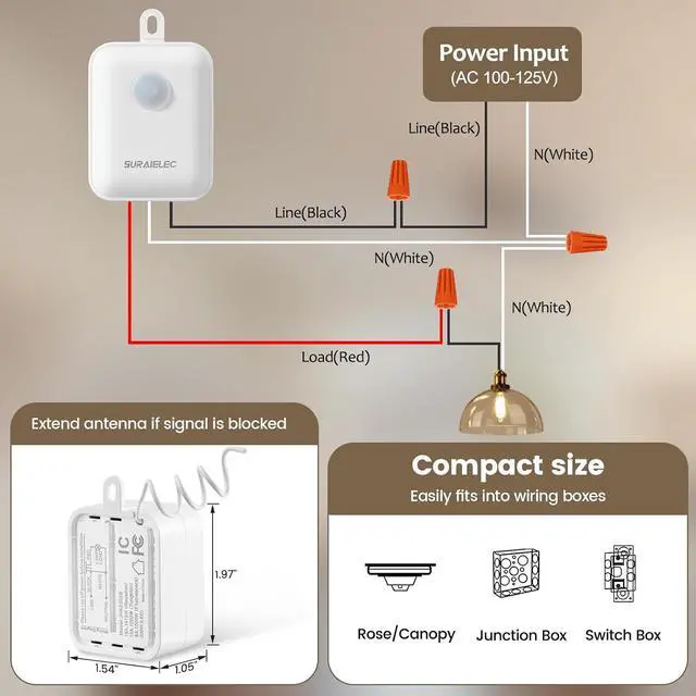 Alt view image 5 of 7 - SURAIELEC 3 Way Wireless Light Switch and Receiver Kit, Decorator Rocker Wall Switch, 15 AMP, 100FT, No Wiring No WiFi, Remote Control Light Switch, Neutral Wire Required (Upgrade Antenna Model)