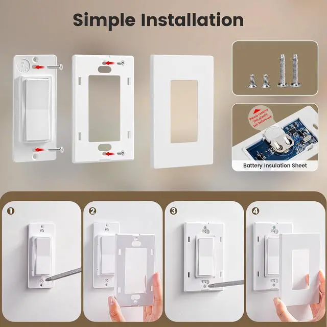 Alt view image 7 of 7 - SURAIELEC 3 Way Wireless Light Switch and Receiver Kit, Decorator Rocker Wall Switch, 15 AMP, 100FT, No Wiring No WiFi, Remote Control Light Switch, Neutral Wire Required (Upgrade Antenna Model)