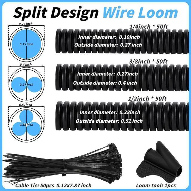 Alt view image 2 of 7 - Split Wire Loom Tubing 1/4", 1/2", 3/8" x 50 FT Wire Protector Tubing, Automotive Wire Flexible Conduit Cord Covers with 50 Cable Ties for Automotive Marine RV Agriculture Electrical Cable Protection