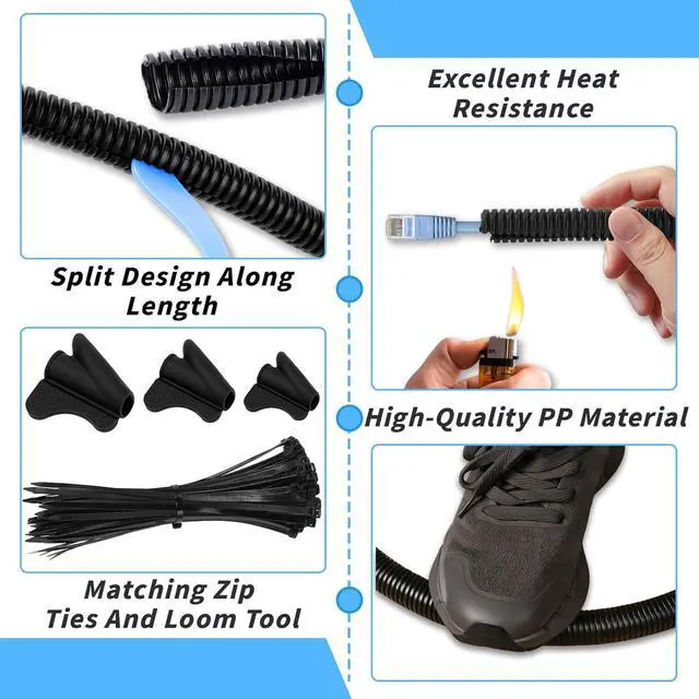 Alt view image 3 of 7 - Split Wire Loom Tubing 1/4", 1/2", 3/8" x 50 FT Wire Protector Tubing, Automotive Wire Flexible Conduit Cord Covers with 50 Cable Ties for Automotive Marine RV Agriculture Electrical Cable Protection