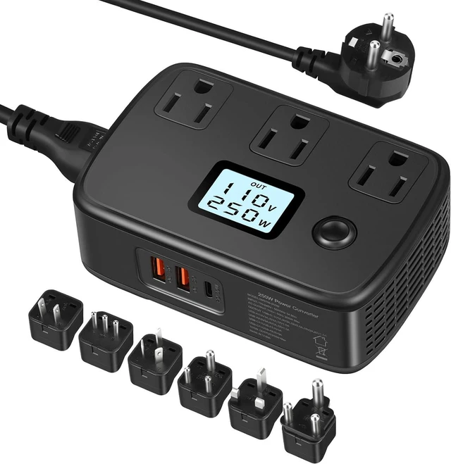 Main image of Voltage Converter 220v to 110v Power Converter 250W with LCD Display + PD30W + QC3.0 + AC Outlets, Universal Travel Adapter for Europe/UK/AUS/Asia/Italy/India/S.Africa