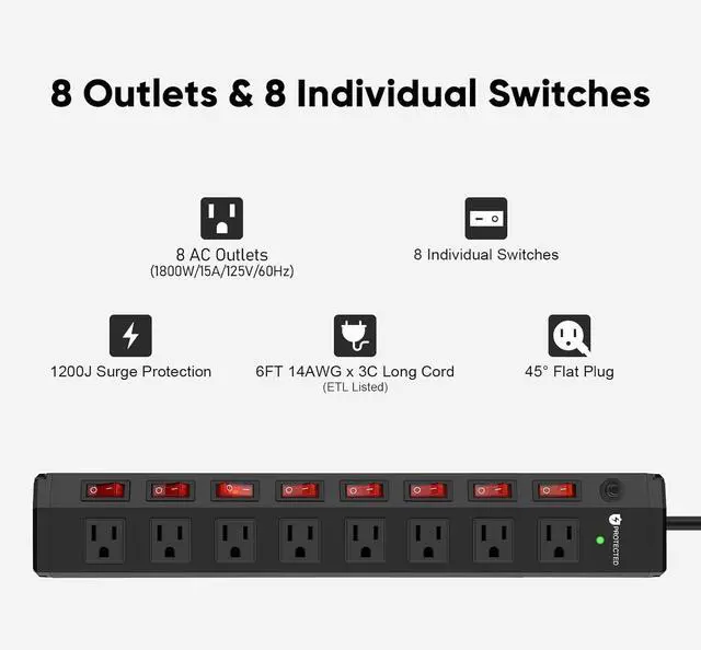 Alt view image 6 of 7 - 2PCS 8 Outlet Heavy Duty Power Strip with 8 Individual Switches,Moutable Metal Power Strip Surge Protector 1200 Joules,6FT 14AWG Extension Cord,15A 1800W 125V 60Hz