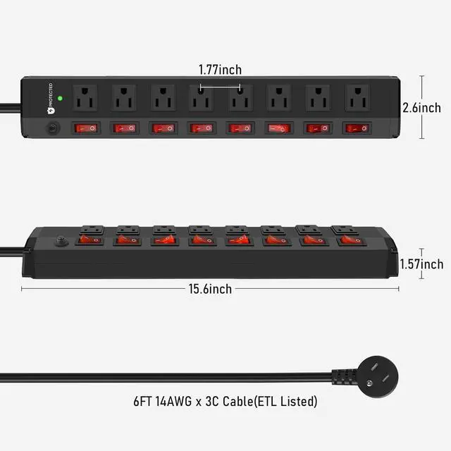 Alt view image 7 of 7 - ANNQUAN 8 Outlet Heavy Duty Power Strip with 8 Individual Switches,Moutable Metal Power Strip,6FT 14AWG Extension Cord,15A 1800W 125V 60Hz