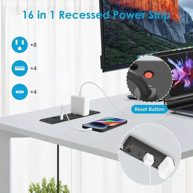 Alt view image 4 of 7 - 8 Outlet Recessed Power Strip, 30W Fast Charging Furniture Power Outlet USB C, 4 USB-A and 4 USB-C, 6ft Power Cord.