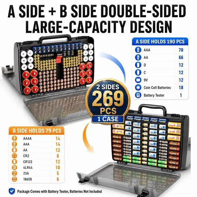 Alt view image 2 of 7 - Battery Organizer Storage Case with Tester, Holds 269 Batteries Double Sided Box for AA AAA 4A C D Cell 9V 3V Lithium LR44 CR2 CR123 CR1632 18650 Button, Heavy Duty Holder for Families & DIYers- Grey