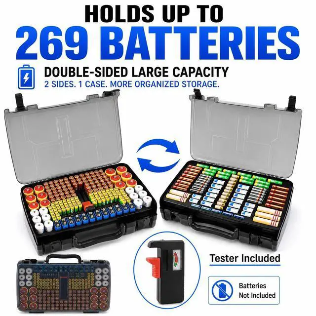 Alt view image 3 of 7 - Battery Organizer Storage Case with Tester, Holds 269 Batteries Double Sided Box for AA AAA 4A C D Cell 9V 3V Lithium LR44 CR2 CR123 CR1632 18650 Button, Heavy Duty Holder for Families & DIYers- Grey