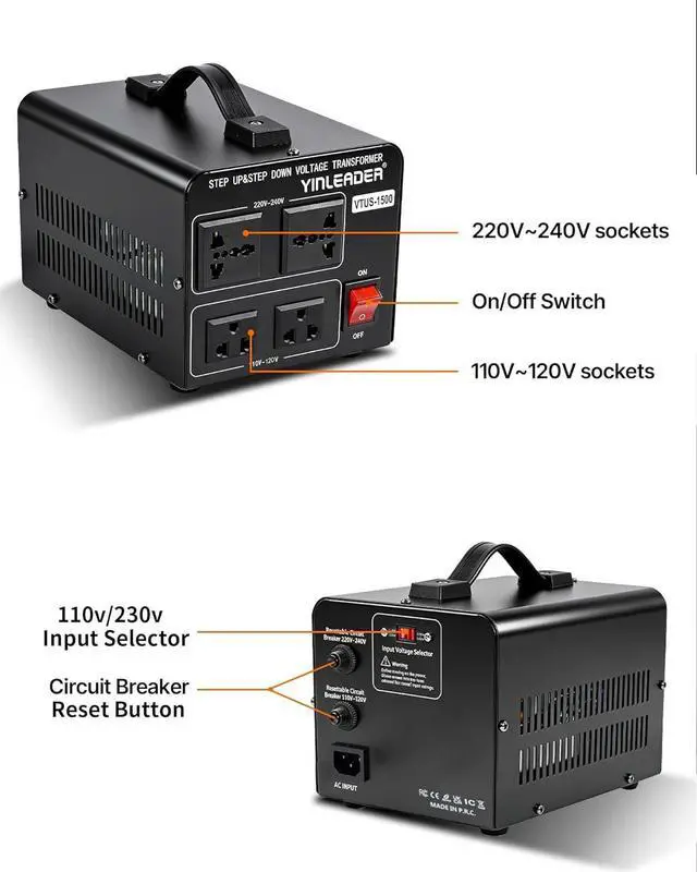 Alt view image 4 of 7 - Yinleader Voltage Transformer Step Up/Down (110V to 220V / 220V to 110V) with US Power Cord,Circuit Breaker Protection VTUS-1500