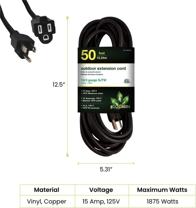 Alt view image 2 of 7 - Perfpower Go Green 14/3 SJT W-A Extension Cord, 50-Feet, Black