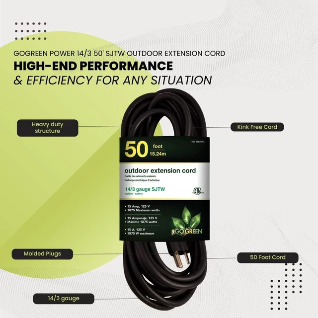 Alt view image 5 of 7 - Perfpower Go Green 14/3 SJT W-A Extension Cord, 50-Feet, Black