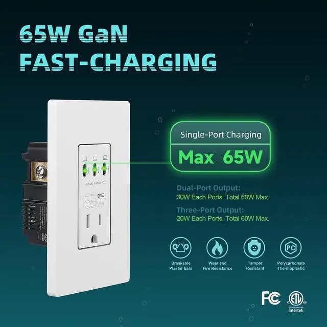 Alt view image 3 of 7 - TOPELER USB C Wall Outlet, 65W GaN Ultra Speed Charging USB Receptacle, 15 Amp Tamper-Resistant Receptacle, USB Charger for Type C Laptop, MacBook, iPhone, iPad, ETL & FCC Listed, White