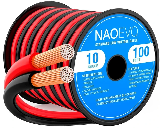 Main image of NAOEVO 10 Gauge Wire 100FT, 2 Conductors Electrical Wire Red Black Cable, Flexible/Low Voltage/PVC 10 AWG Copper Clad Aluminum Extension Cord for Speaker, LED Strips, Automotive 12V/24V DC