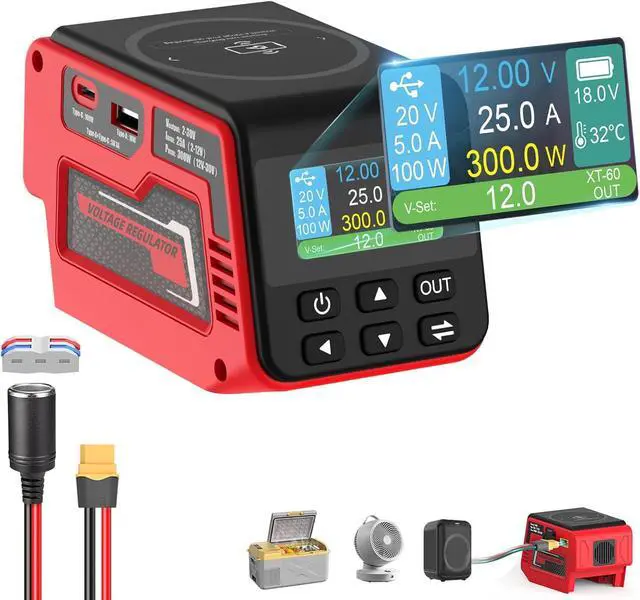 Main image of 300W Voltage Regulator Compatible with Milwaukee 18V Battery (Battery Not Included), 230V Adjustable DC Output, 100W Type-C PD Fast Charging, 15W Wireless Charger