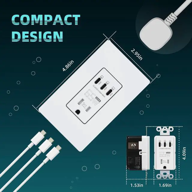 Alt view image 6 of 7 - TOPELER USB C Wall Outlet, 65W GaN Ultra Speed Charging USB Receptacle, 15 Amp Tamper-Resistant Receptacle, USB Charger for Type C Laptop, MacBook, iPhone, iPad, ETL & FCC Listed, White