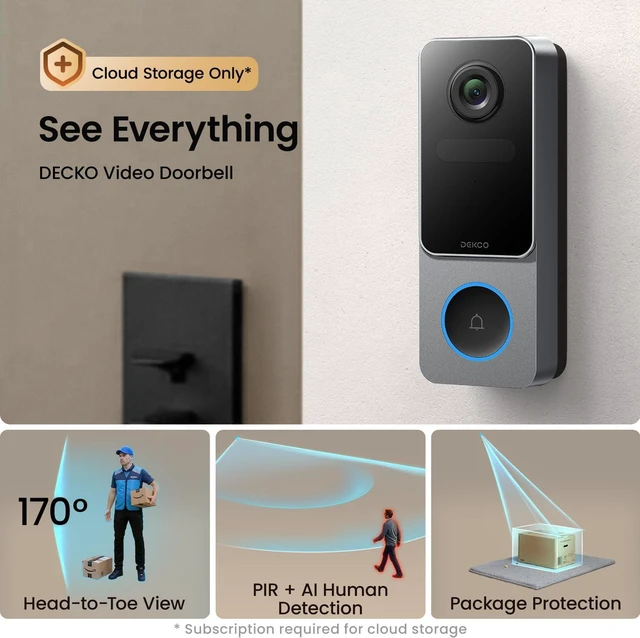 Alt view image 2 of 7 - DEKCO Wireless Video Doorbell Camera, 2K Head-to-Toe View (9:16), 170° Wide Angle, Battery Powered Home Security, PIR Motion & AI Human/Package Detection, Voice Changer, Cloud Storage Edition