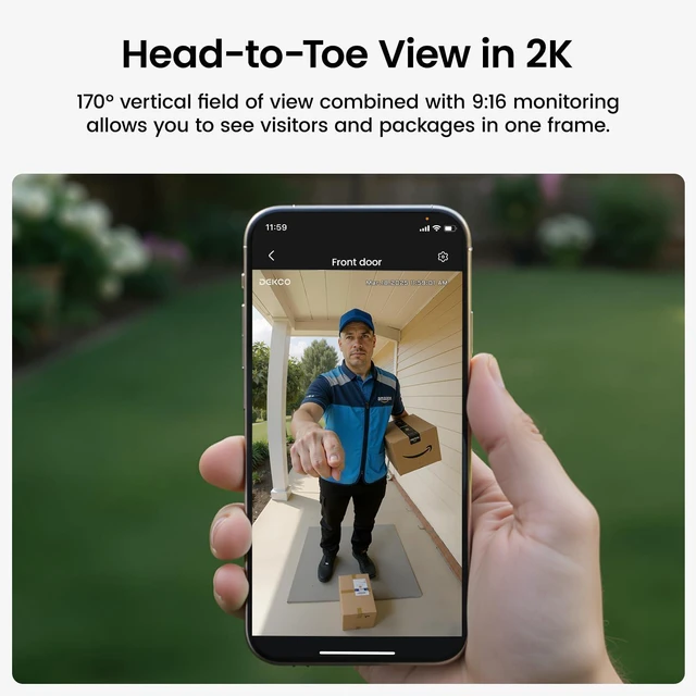 Alt view image 3 of 7 - DEKCO Wireless Video Doorbell Camera, 2K Head-to-Toe View (9:16), 170° Wide Angle, Battery Powered Home Security, PIR Motion & AI Human/Package Detection, Voice Changer, Cloud Storage Edition