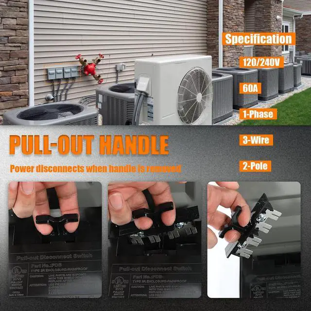 Alt view image 4 of 6 - 60 Amp AC Disconnect Metal Box, 240V Pull Out AC Disconnect Switch, 60A 2 Pole 3 Wire 1 Phase 240 VAC, Non-Fused for Home and Light Commercial Air Conditioning, Near Condensing Unit