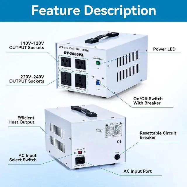 Alt view image 3 of 7 - 3000W Voltage Converter Transformer Step Up 110V/120V to 220V/240V or Step Down 220V to 110V AC Power Converte