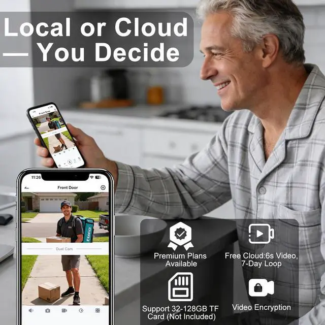 Alt view image 4 of 7 - Doorbell Camera Wireless,2K HD Dual Cameras &Head-to-Toe View,Battery Powered/Wired Video Door Bell with Chime,No Subscription,Delivery Guard,Motion Detection,Works with Alexa&Google(Only 2.4G WiFi)