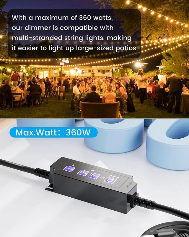 Alt view image 3 of 6 - Outdoor Dimmer for String Lights, 360W Dusk-to-Dawn Auto On/Off Dimmer Plug with Memory & Timer, Weatherproof Plug-in Light Dimmer Switch for Dimmable LED Patio Lights