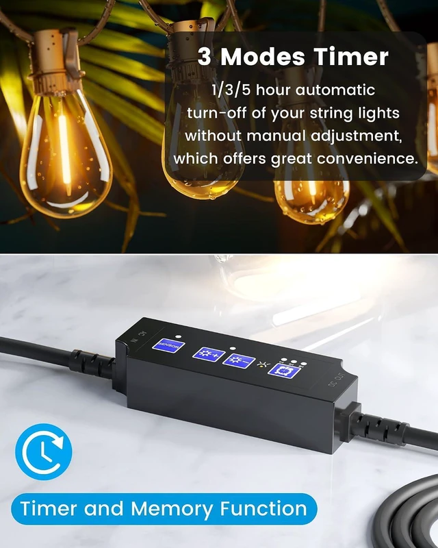 Alt view image 2 of 6 - Outdoor Dimmer for String Lights, 360W Dusk-to-Dawn Auto On/Off Dimmer Plug with Memory & Timer, Weatherproof Plug-in Light Dimmer Switch for Dimmable LED Patio Lights