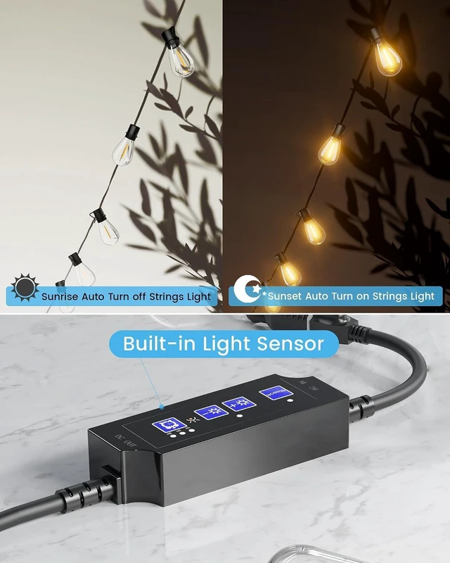 Alt view image 6 of 6 - Outdoor Dimmer for String Lights, 360W Dusk-to-Dawn Auto On/Off Dimmer Plug with Memory & Timer, Weatherproof Plug-in Light Dimmer Switch for Dimmable LED Patio Lights