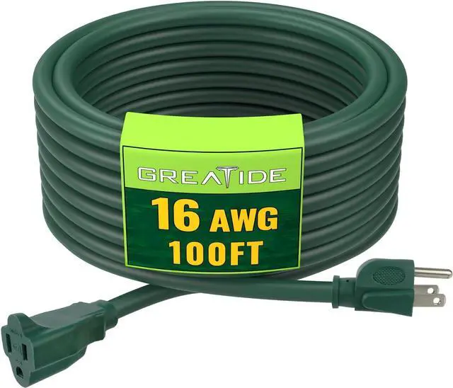 Main image of Indoor Outdoor Extension Cord 100 FT, 16/3 SJTW Weatherproof Green Electrical Cords, 10 AMP Heavy Duty 3 Prong Power Cable Great for Garden, Landscaping & Holiday Decorations
