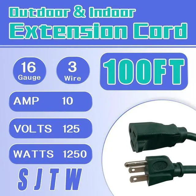 Alt view image 2 of 7 - Indoor Outdoor Extension Cord 100 FT, 16/3 SJTW Weatherproof Green Electrical Cords, 10 AMP Heavy Duty 3 Prong Power Cable Great for Garden, Landscaping & Holiday Decorations