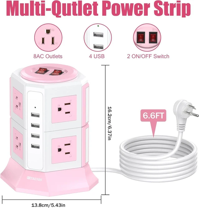 Alt view image 2 of 7 - Pink Tower Power Bar with Overload Protection | HITRENDS 8 AC Outlets + 4 USB Ports | 16AWG/ 6.5Ft Extension Cord with Multiple Outlets | Space-Saving Design for Office & Home(1250W, 1050J)