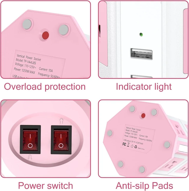 Alt view image 3 of 7 - Pink Tower Power Bar with Overload Protection | HITRENDS 8 AC Outlets + 4 USB Ports | 16AWG/ 6.5Ft Extension Cord with Multiple Outlets | Space-Saving Design for Office & Home(1250W, 1050J)