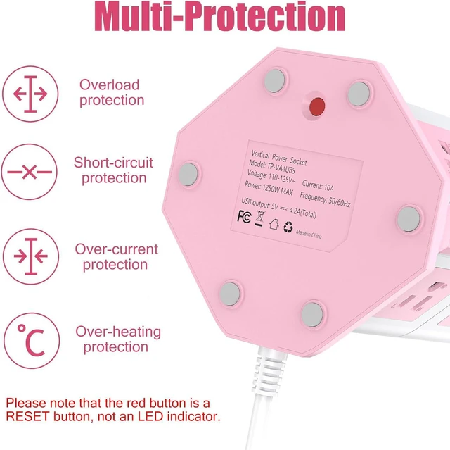 Alt view image 4 of 7 - Pink Tower Power Bar with Overload Protection | HITRENDS 8 AC Outlets + 4 USB Ports | 16AWG/ 6.5Ft Extension Cord with Multiple Outlets | Space-Saving Design for Office & Home(1250W, 1050J)