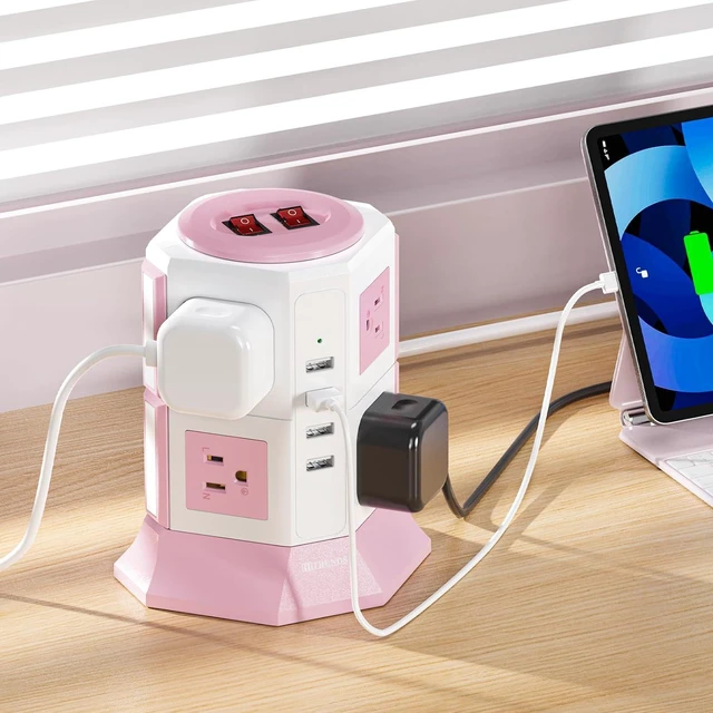 Alt view image 5 of 7 - Pink Tower Power Bar with Overload Protection | HITRENDS 8 AC Outlets + 4 USB Ports | 16AWG/ 6.5Ft Extension Cord with Multiple Outlets | Space-Saving Design for Office & Home(1250W, 1050J)