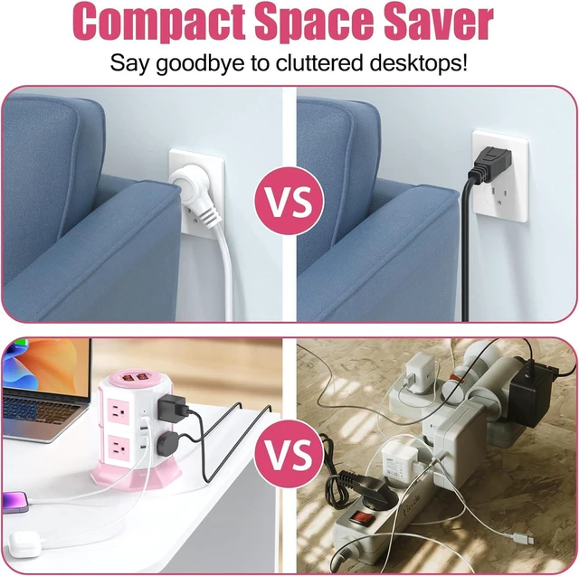 Alt view image 6 of 7 - Pink Tower Power Bar with Overload Protection | HITRENDS 8 AC Outlets + 4 USB Ports | 16AWG/ 6.5Ft Extension Cord with Multiple Outlets | Space-Saving Design for Office & Home(1250W, 1050J)