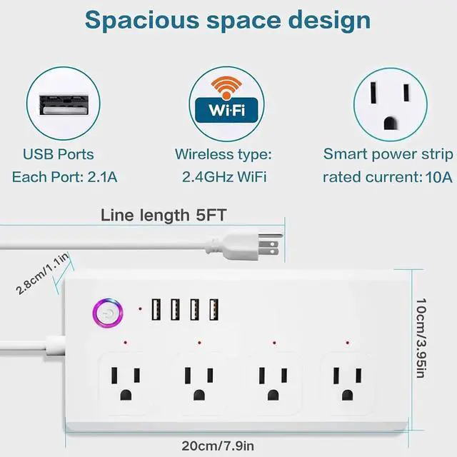 Alt view image 6 of 7 - Jinvoo Smart Power Strip, Surge Protector, WiFi Power Strip, USB Power Socket Smart Extension Cord Compatible with Alexa and Google, Smart Life APP Control, No hub Required