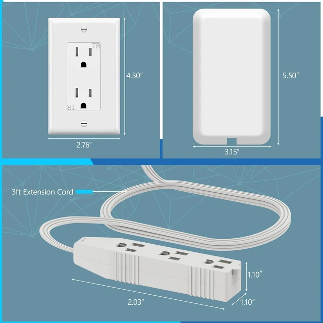 Alt view image 2 of 7 - LIDER Flat-Face Outlet Extender with 3 Receptacles, Ultra-Thin Wall Plate Plug with Cord Extender and 3-Outlet Power Strip, 3ft Cord, LWE3-315-W3P, ETL-Listed, White, 3 Pack