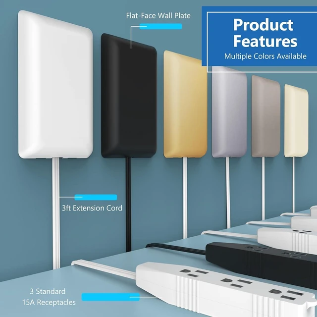 Alt view image 7 of 7 - LIDER Flat-Face Outlet Extender with 3 Receptacles, Ultra-Thin Wall Plate Plug with Cord Extender and 3-Outlet Power Strip, 3ft Cord, LWE3-315-W3P, ETL-Listed, White, 3 Pack