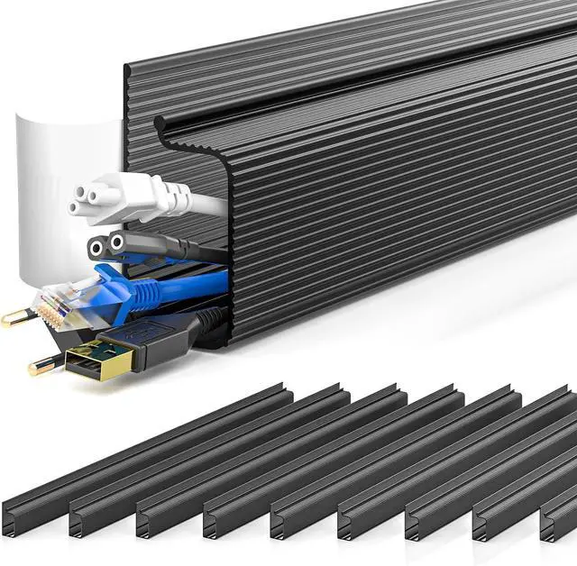 Main image of Yecaye 157in Cable Management Under Desk, 10X 15.7in Desk Cord Cable Organizer, J Channel Cable Raceway, Computer Wire Management, No Screw No Drill Desk Cable Tray for Office Home, Black, 10 Pack