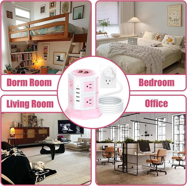 Alt view image 7 of 7 - Pink Tower Power Bar with Overload Protection | HITRENDS 8 AC Outlets + 4 USB Ports | 16AWG/ 6.5Ft Extension Cord with Multiple Outlets | Space-Saving Design for Office & Home(1250W, 1050J)