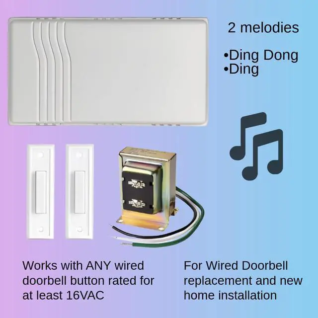 Alt view image 2 of 7 - KORA Wired Doorbell Chime Kit, White, 2 Tune, 2 Buttons Included, with 1 Lighted,16V 10VA Transformer, 80dB, AC/DC Power Source