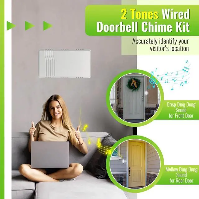 Alt view image 7 of 7 - KORA Wired Doorbell Chime Kit, White, 2 Tune, 2 Buttons Included, with 1 Lighted,16V 10VA Transformer, 80dB, AC/DC Power Source