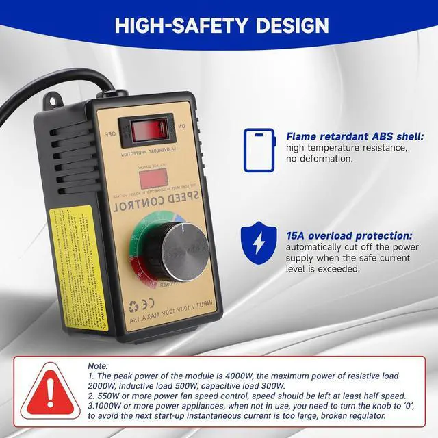 Alt view image 3 of 7 - Gugxiom AC Motor Speed Controller, 110-120V 15A 4000W Variable Fan Speed Controller, Voltage Regulator with Overload for Electric Motors