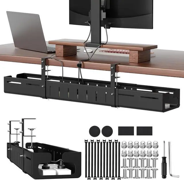 Main image of Under Desk Cable Management Tray, Expandable 25.2"38.6" Heavy Duty Carbon Steel with Clamp, Under Desk Cable Management for Desk, Home Office & Standing Desk, No Drill Installation, Black