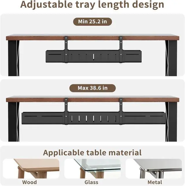 Alt view image 3 of 7 - Under Desk Cable Management Tray, Expandable 25.2"38.6" Heavy Duty Carbon Steel with Clamp, Under Desk Cable Management for Desk, Home Office & Standing Desk, No Drill Installation, Black